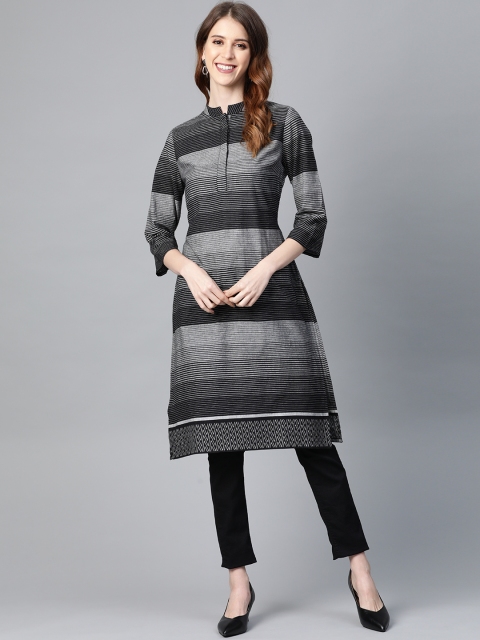 

HERE&NOW Women Black & Grey Striped Straight Kurta