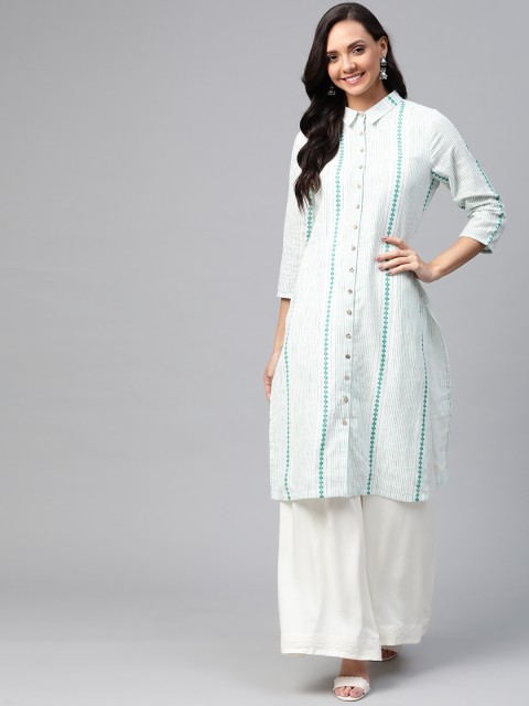 

HERE&NOW Women White & Green Striped Straight Kurta