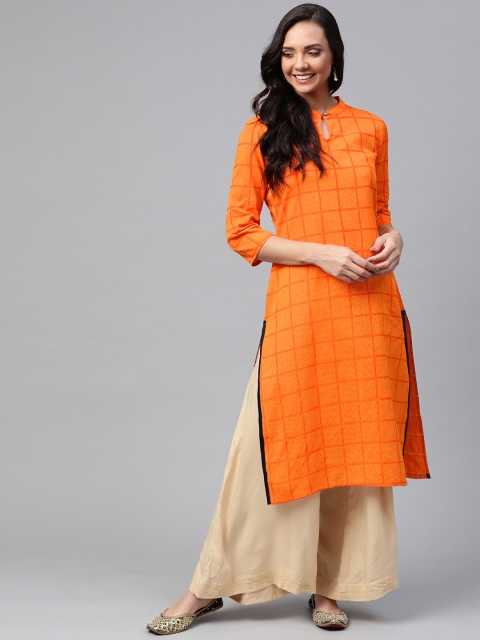 

HERE&NOW Women Orange & Yellow Self Checked Straight Kurta