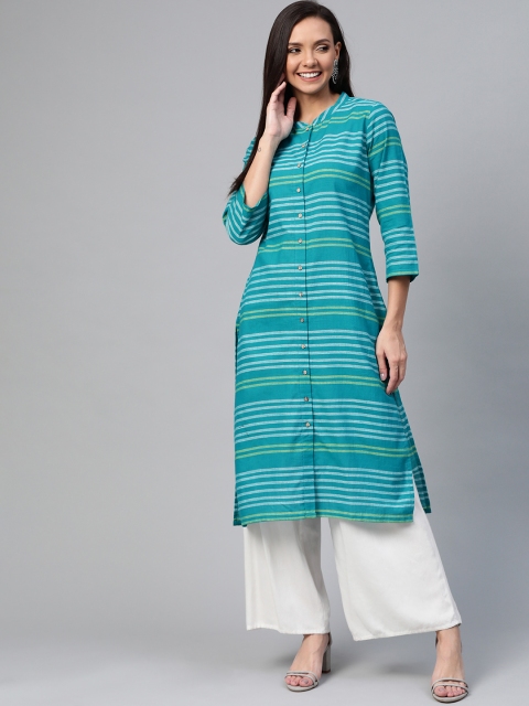 

HERE&NOW Women Teal Green Striped Straight Kurta