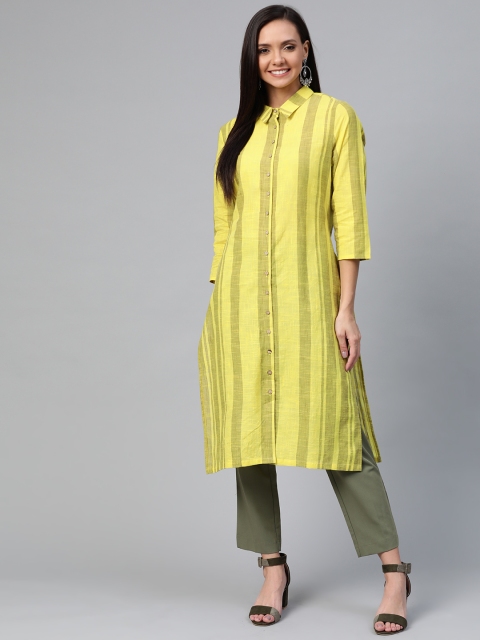 

HERE&NOW Women Mustard Yellow & Olive Green Striped Straight Kurta