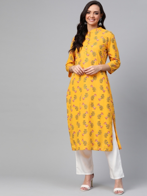 

HERE&NOW Women Mustard Yellow & Green Printed Straight Kurta