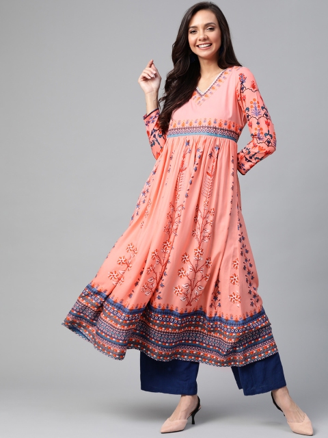 

HERE&NOW Women Pink & Blue Printed Anarkali Kurta