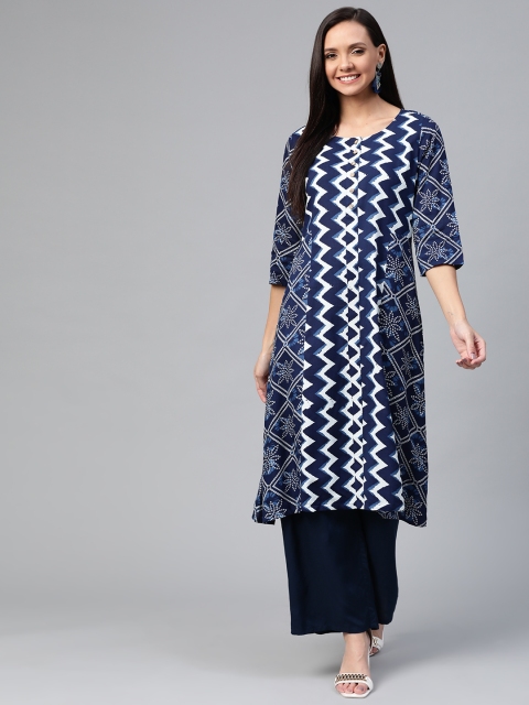 

HERE&NOW Women Navy Blue & White Printed A-Line Kurta