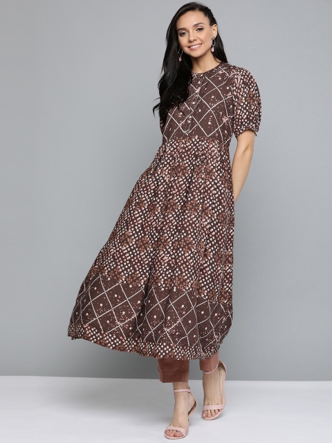 

HERE&NOW Women Brown & Beige Geometric Printed Anarkali Kurta