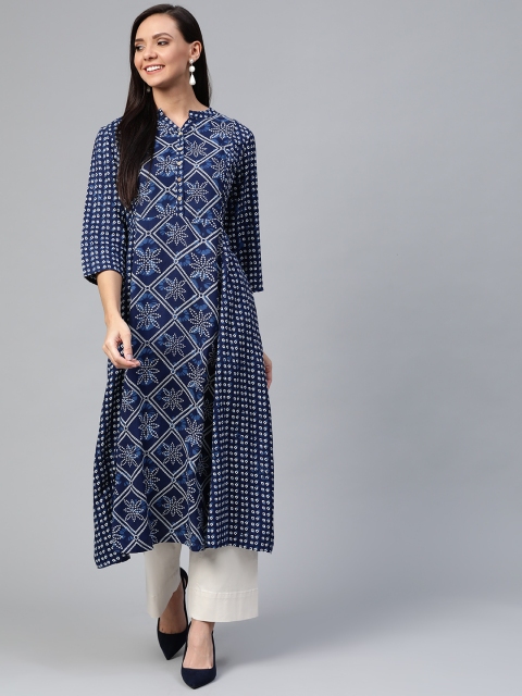 

HERE&NOW Women Navy Blue & White Bandhani Printed A-Line Kurta