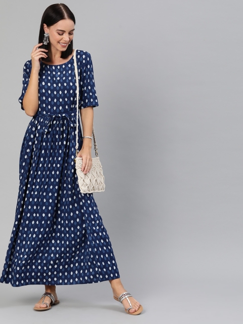 

Anouk Women Blue & White Printed Gathered Fit and Flare Dress with Waist Tie-Ups