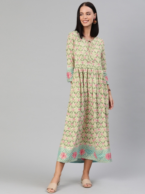 

Anouk Women Cream-Coloured & Green Printed Fit and Flare Dress with Gathers