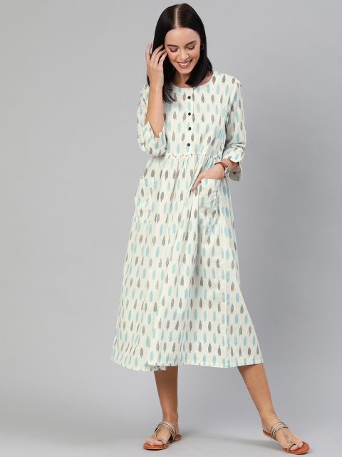 

Anouk Women White & Blue Printed A-Line Dress with Gathers