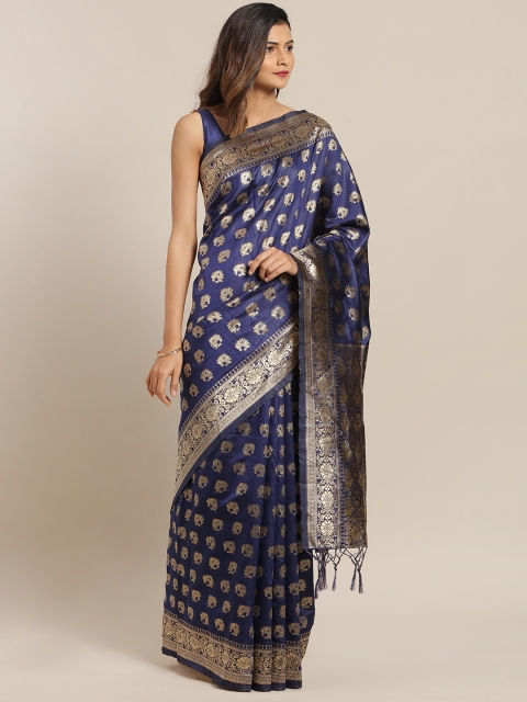 

Amegh Navy Blue & Gold-Toned Silk Blend Woven Design Banarasi Saree