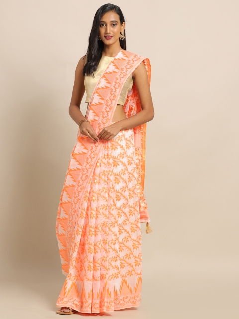 

Amegh White & Orange Silk Cotton Woven Design Khadi Saree