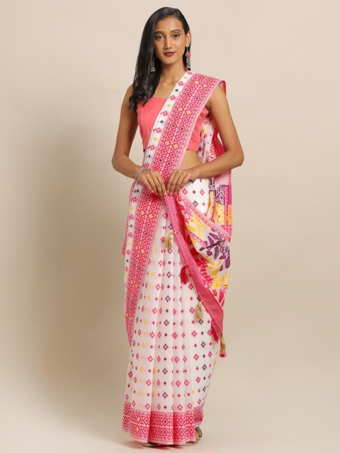 

Amegh White & Pink Silk Cotton Woven Design Khadi Saree