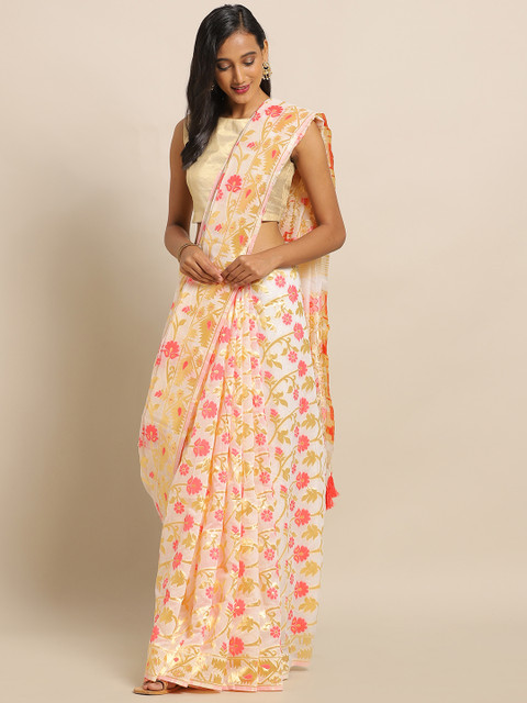 

Amegh Pink & Gold-Toned Silk Cotton Woven Design Khadi Saree