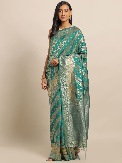 

Amegh Teal & Gold-Toned Silk Blend Woven Design Banarasi Saree