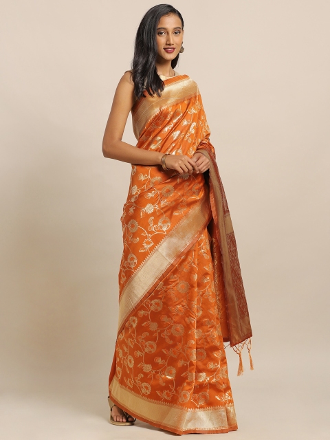 

Amegh Orange & Golden Silk Blend Woven Design Banarasi Saree