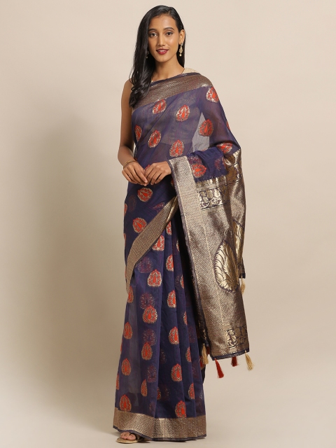 

Amegh Navy Blue Silk Cotton Woven Design Banarasi Saree