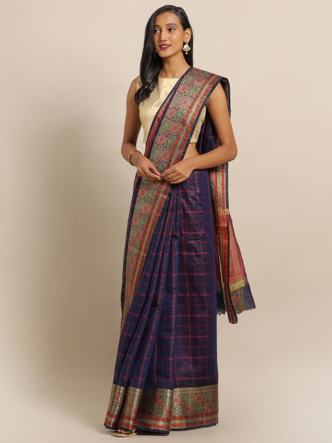 

Amegh Navy Blue & Pink Silk Cotton Checked Banarasi Saree