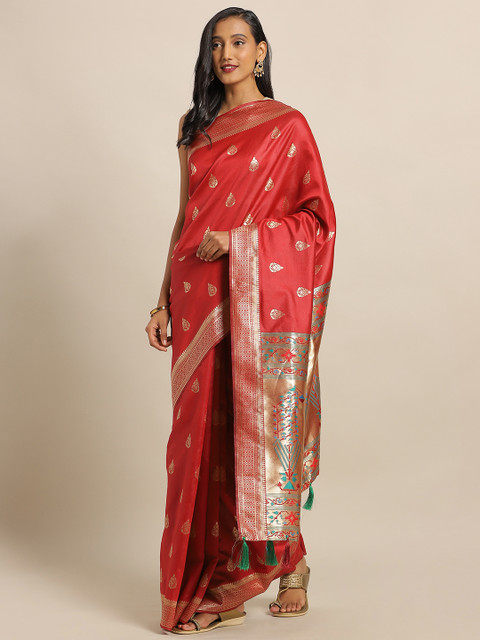 

Amegh Maroon & Gold-Toned Silk Blend Woven Design Banarasi Saree