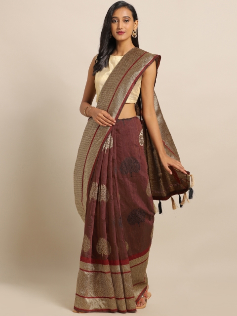 

Amegh Maroon & Gold-Toned Silk Cotton Woven Design Banarasi Saree