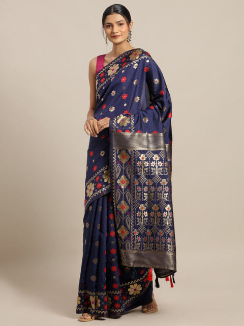 

Amegh Navy Blue & Gold-Toned Silk Cotton Woven Design Banarasi Saree