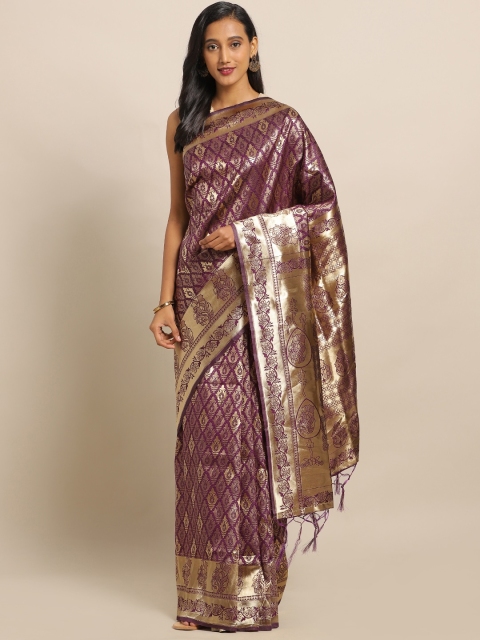 

Amegh Purple & Gold-Toned Silk Blend Woven Design Banarasi Saree