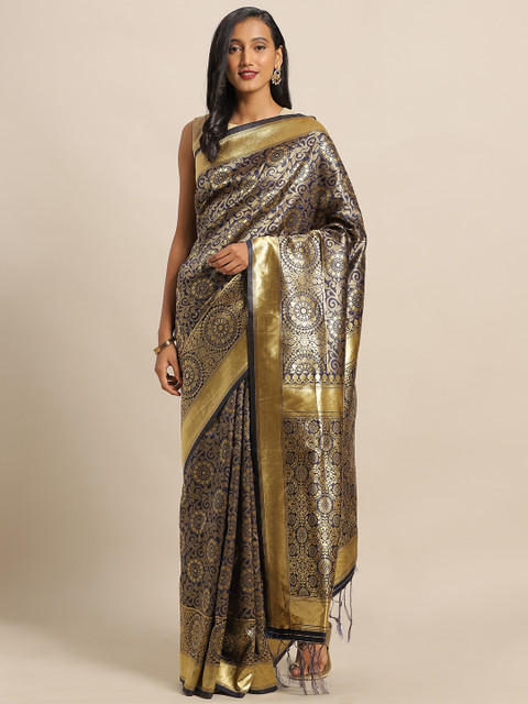 

Amegh Navy Blue & Gold-Toned Silk Blend Woven Design Banarasi Saree