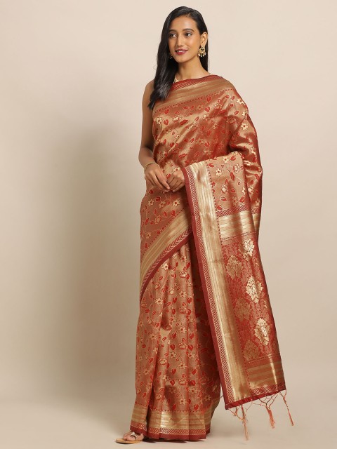 

Amegh Maroon & Gold-Toned Silk Blend Woven Design Banarasi Saree