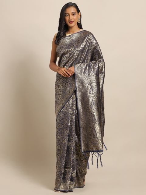 

Amegh Navy Blue & Gold-Toned Silk Blend Woven Design Banarasi Saree