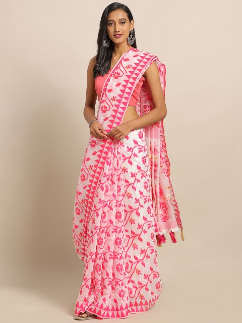 

Amegh White & Pink Silk Cotton Woven Design Khadi Saree