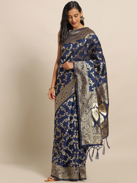 

Amegh Navy Blue & Gold-Toned Silk Cotton Woven Design Banarasi Saree