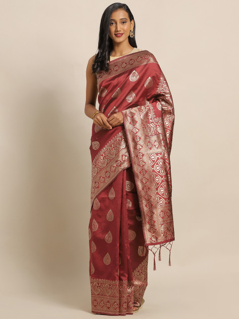 

Amegh Maroon & Gold-Toned Silk Blend Woven Design Banarasi Saree
