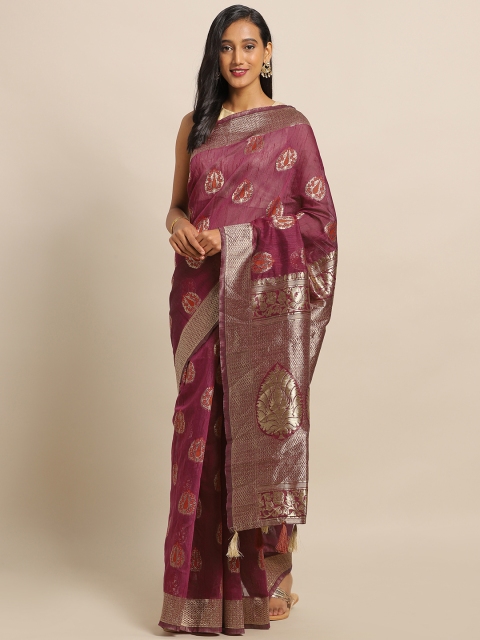 

Amegh Burgundy & Gold-Toned Silk Cotton Woven Design Banarasi Saree