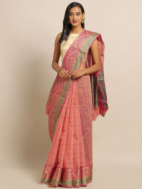 

Amegh Peach-Coloured & Green Silk Cotton Checked Saree