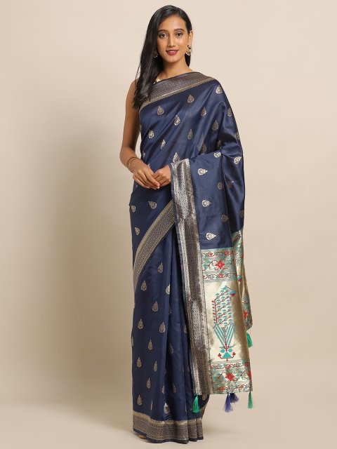 

Amegh Navy Blue & Golden Silk Blend Woven Design Banarasi Saree