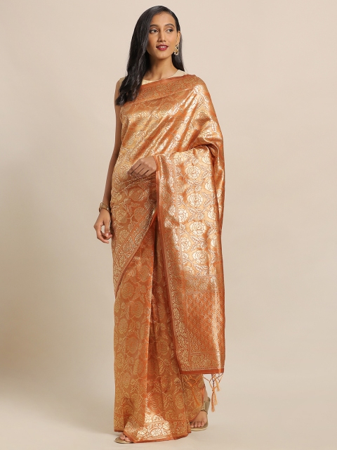 

Amegh Orange & Gold-Toned Silk Blend Woven Design Banarasi Saree
