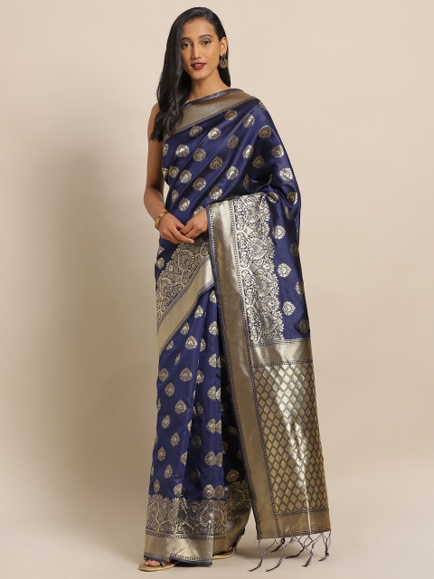 

Amegh Navy Blue Silk Blend Woven Design Banarasi Saree