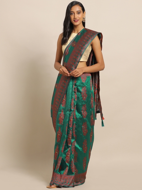 

Amegh Teal Green & Maroon Silk Cotton Woven Design Banarasi Saree
