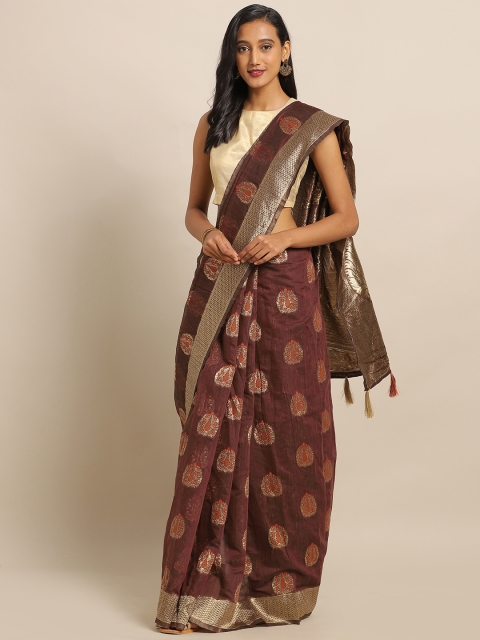 

Amegh Maroon & Gold-Toned Silk Cotton Woven Design Banarasi Saree