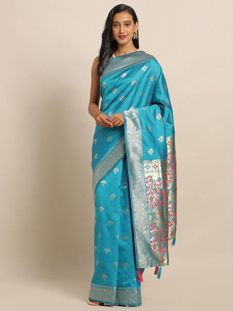 

Amegh Blue & Gold-Toned Silk Blend Woven Design Banarasi Saree