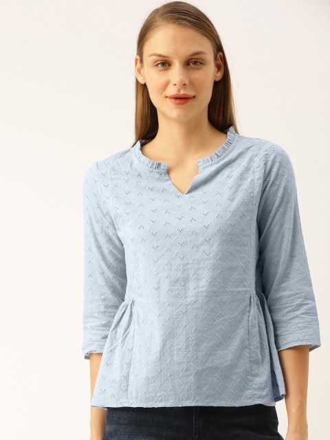 

Lee Cooper Women Blue Embroidered A-Line Schiffli Pure Cotton Top