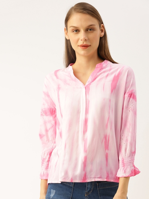 

Lee Cooper Women Pink & White Dyed Embroidered Drop Shoulder Sleeve Top