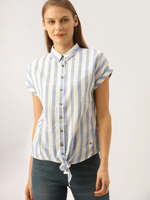 

Lee Cooper Women White & Blue Regular Fit Striped Casual Shirt with Tie-Ups