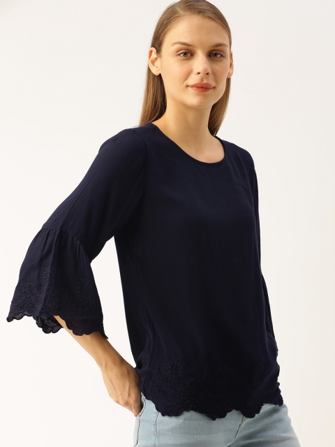 

Lee Cooper Women Navy Blue Solid Top with Embroidered Bell Sleeve