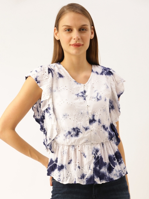

Lee Cooper Women White & Blue Dyed A-Line Schiffli Top