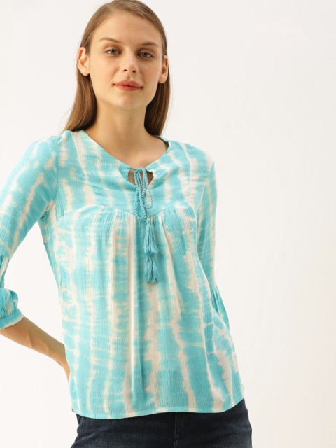 

Lee Cooper Women Turquoise Blue & White Dyed Top with Tie-Up Neck