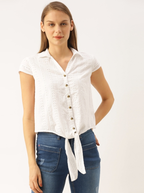 

Lee Cooper Women White Regular Fit Self Design Waist Tie-Up Schiffli Casual Shirt