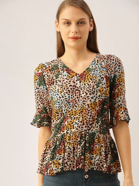 

Lee Cooper Women Peach-Coloured & Black Animal Printed Gathered Top