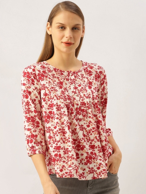 

Lee Cooper Women Off-White & Red Floral Printed Shirt Style Top with Pleats
