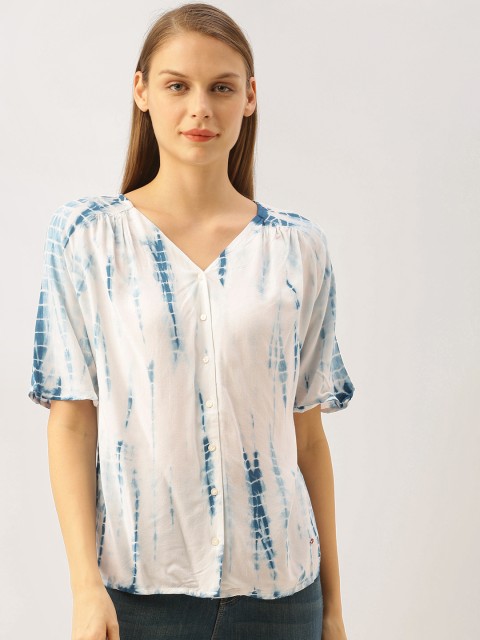 

Lee Cooper Women White & Blue Dyed Raglan Sleeved Shirt-Style Top