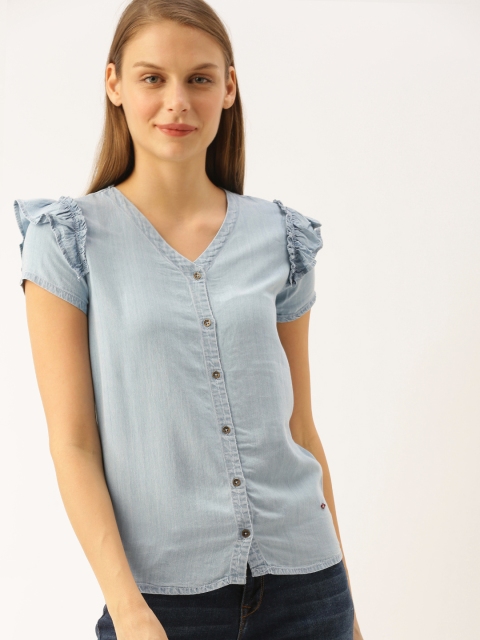 

Lee Cooper Women Blue Solid Chambray Top with Ruffles
